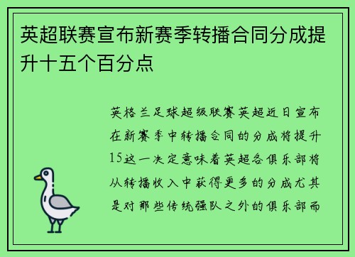英超联赛宣布新赛季转播合同分成提升十五个百分点