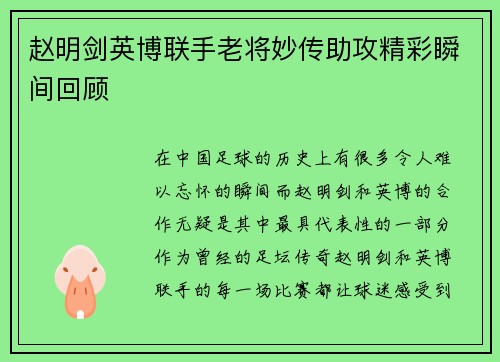 赵明剑英博联手老将妙传助攻精彩瞬间回顾