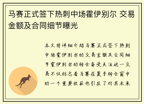 马赛正式签下热刺中场霍伊别尔 交易金额及合同细节曝光